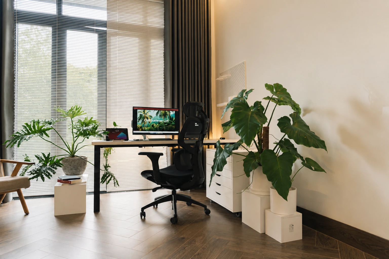 窓から光が入る、植物とデスクのある仕事空間のイメージ
